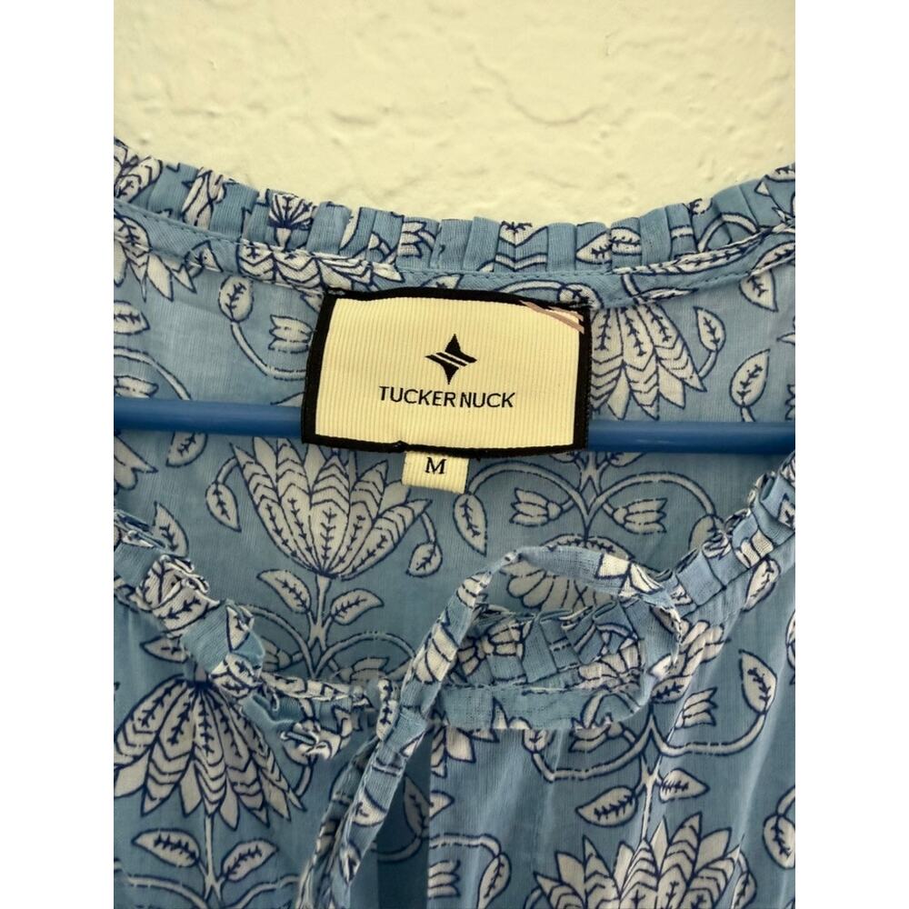 Tucker Nuck Blue White Floral Block Print Tiered Ruffle Hem Mini Dress Size M - Picture 2 of 3